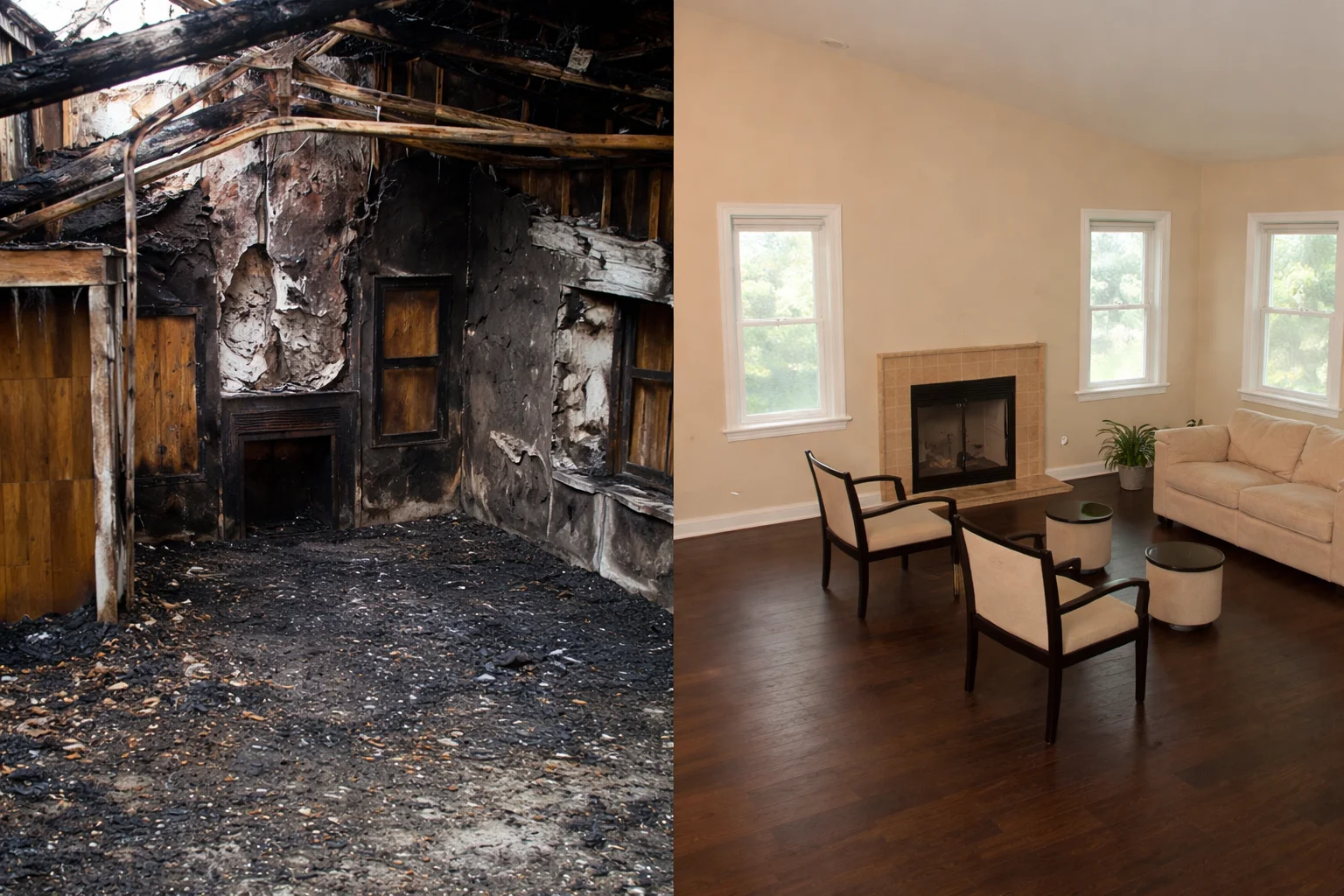 Before and after of a burned room restoration