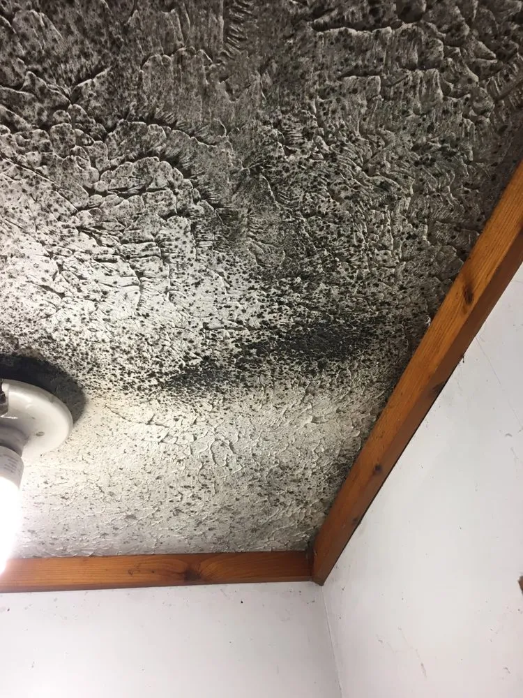 Textured gray ceiling with wooden trim and light fixture